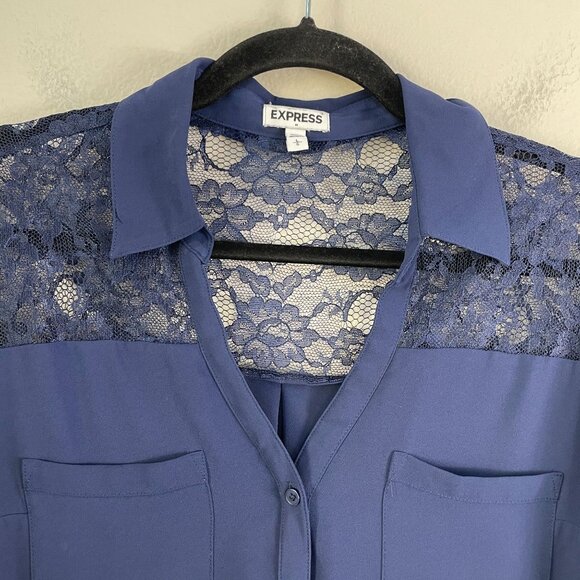 Express Womens Large Lace Panel Button Up Blue Blouse Roll Tab Sleeve Shirt - Picture 2 of 8